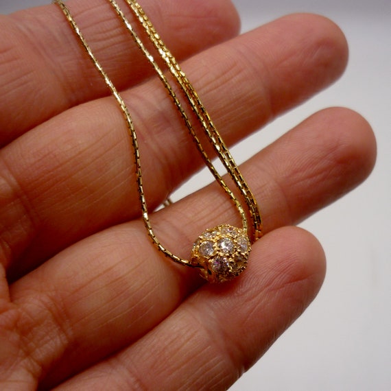Vintage 9ct Crystal Set Ball on Chain, Gold Pave … - image 3