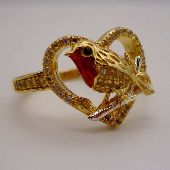 Gold Plated Robin & Heart Ring, Sterling Silver T… - image 2