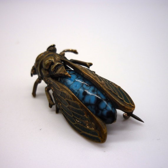 Antique Cicada Brooch, Turquoise Insect Pin - image 9