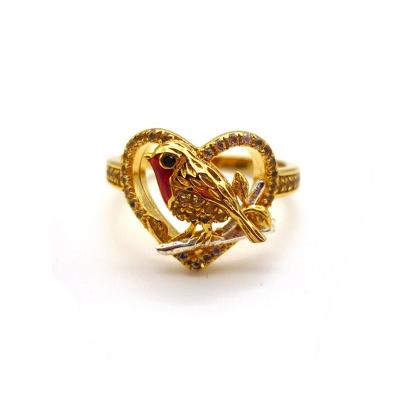 Gold Plated Robin & Heart Ring, Sterling Silver T… - image 1