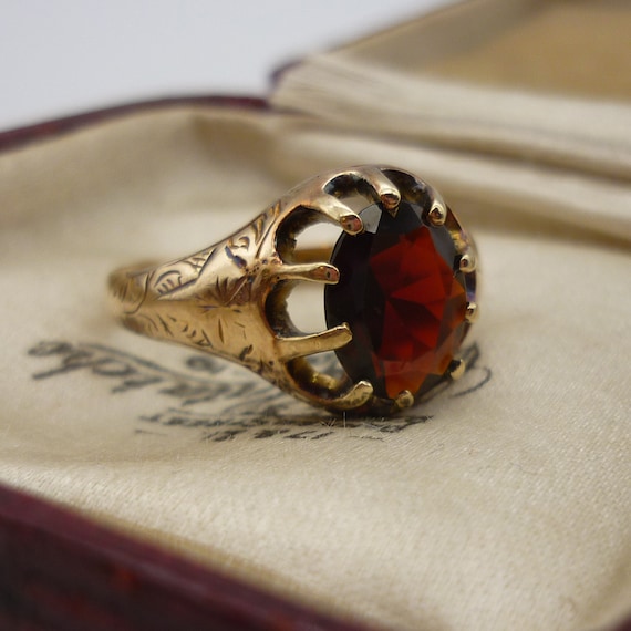 Edwardian Garnet Ring Antique Hand Engraved Gold Ring Size 7.75 Chester 1910 9ct 9k 3 Grams Etsy Canada