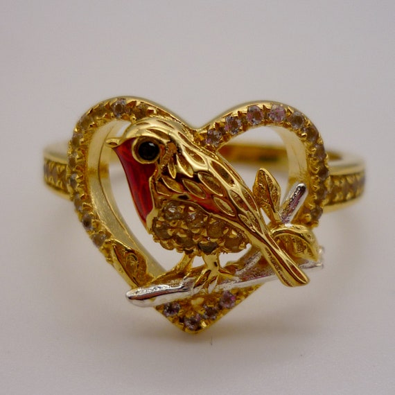 Gold Plated Robin & Heart Ring, Sterling Silver T… - image 4