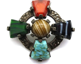 Vintage Celtic Brooch, Costume Silver and Faux Gemstone Brooch