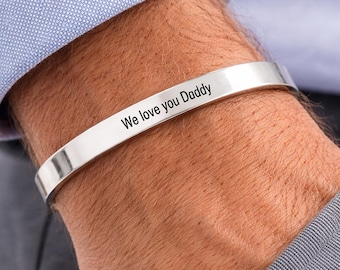 Personalised Dad Bracelet, Engraved Cuff Bracelet for Men, Custom Silver Bracelet, Personalized Dad Gifts, Gifts for Him