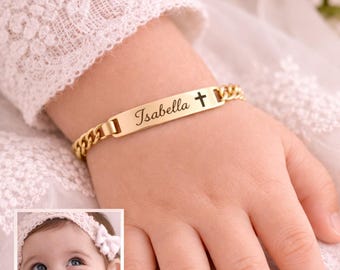 Pulsera de bautismo para bebé, pulsera con nombre de bebé en oro de 14 quilates, pulsera personalizada para niña o niño, regalos para niños, regalos para recién nacidos, joyería personalizada.
