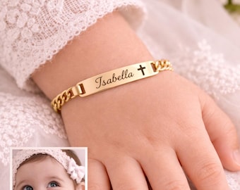 Pulsera de bautismo para bebé, pulsera con nombre de bebé en oro de 14 quilates, pulsera personalizada para niña o niño, regalos para niños, regalos para recién nacidos, joyería personalizada.