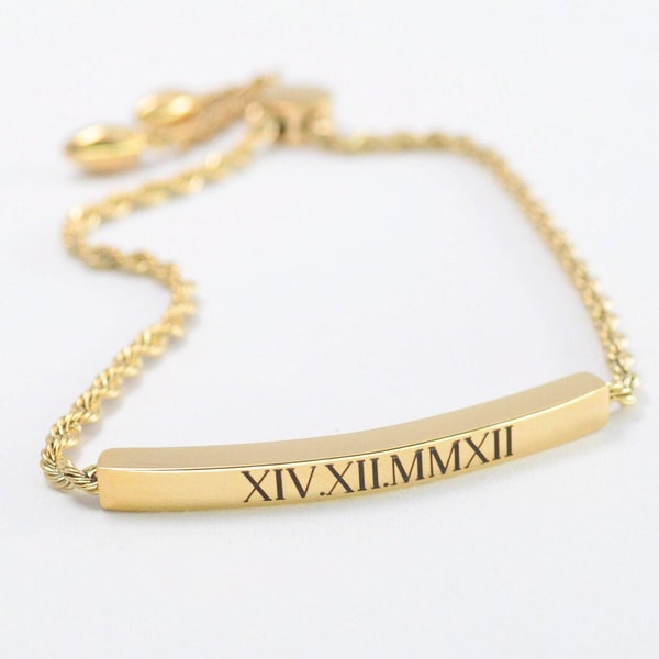 Roman Numeral bar bracelet, Name Bracelet, Engraved Jewelry, Personalized Gifts for Her, Gold Bracelet for women, Customized Bar Bracelet