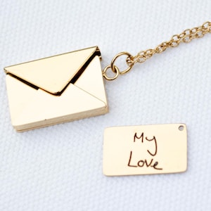 Secret Message Envelope Necklace, Gold Plated Personalised Necklace, Custom Engraving, Trendy Best Friend Gift, Handwriting Jewelry