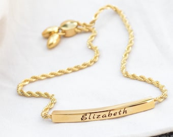 Personalised Name Bar Bracelet – Adjustable Slider Chain, Minimalist Gold or Silver Gift for Her