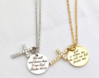 Personalized 14k Gold Cross Charm Necklace, Bible Verse Necklace for Women, Religious Scripture Necklace, Gift for Her, Christmas Gift