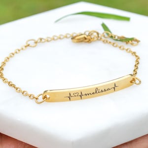 18K Gold Bracelet, Personalised Heart Beat Bracelet, Bracelets for Women, Engraved Jewelry, Personalized Custom Gift, Name Bracelet
