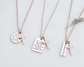 Personalized 14K Cross Charm Necklace, Bible Verse Necklace for Women, Religious Scripture Necklace, Gift for Her, Christmas Gift