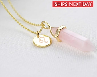 Rose Quartz Zodiac Necklace, Crystal Necklace, Healing Jewellery, Delicate Necklace, Necklaces for Women, Gemstone Jewelry,Gift Idea for Her