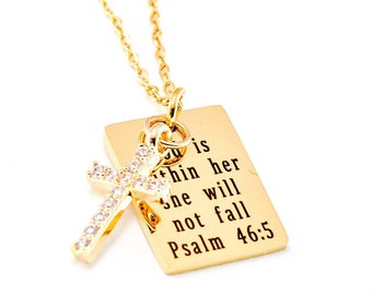 Personalized 14k Gold Cross Charm Necklace, Bible Verse Necklace for Women, Religious Scripture Necklace, Gift for Her, Christmas Gift