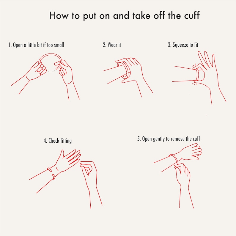 May include: An instructional graphic titled How to put on and take off the cuff, featuring five red line-art illustrations demonstrating steps: 1. Open a little bit if too small, 2. Wear it, 3. Squeeze to fit, 4. Check fitting, 5. Open gently to remove the cuff.