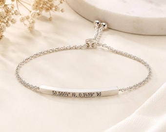 Pulsera deslizante, pulsera con barra grabada personalizada, pulsera con coordenadas personalizadas, barra ajustable de doble cara, regalo de aniversario para ella.
