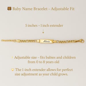 May include: A gold-toned metal chain bracelet featuring a central rectangular identification plate engraved with the name Alicia. The bracelet includes a 5-inch chain with a 1-inch extender, as indicated by the text Baby Name Bracelet - Adjustable Fit.