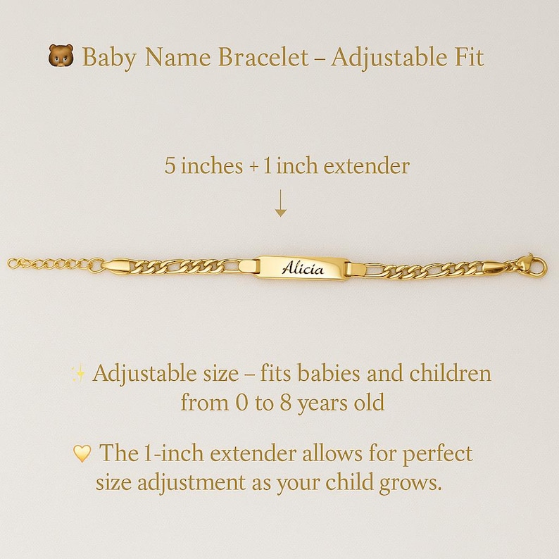 May include: A gold-toned metal chain bracelet featuring a central rectangular identification plate engraved with the name Alicia. The bracelet includes a 5-inch chain with a 1-inch extender, as indicated by the text Baby Name Bracelet - Adjustable Fit.