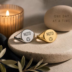 Sobriety AA Ring, NQTD Not Quitting Today, One Day at a Time Signet, Personalised Recovery Gift, Soberversary Gift for Him Her Sponsor