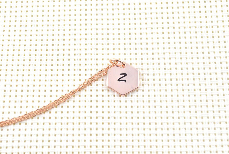 bridesmaids gift ideas dainty necklace name initial rose gold jewellery women rose gold jewelry Hexagon personalised rose gold necklace