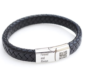 Personalised Men's Leather Bracelet with QR Code, Engraved Text, Custom Name Bracelet, Gift for Boyfriend, Husband, Leather Anniversary Gift