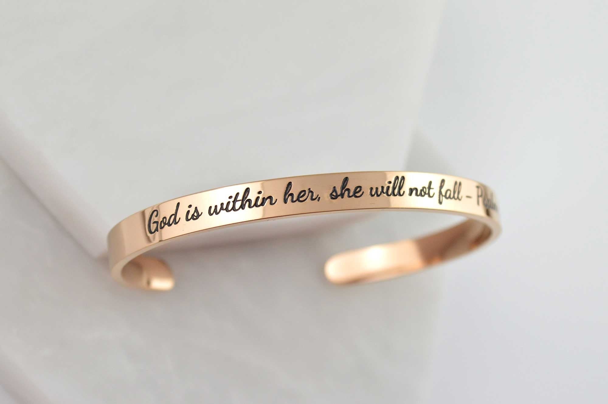 God is within her engraved bracelet Christian Bracelet for Women Waterproof Cuff Bracelets Christian Gifts Best Friend Cuff Bracelet