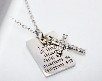 Personalized Silver Cross Charm Necklace, Bible Verse Necklace for Women, Religious Scripture Necklace, Gift for Her, Christian Jewelry