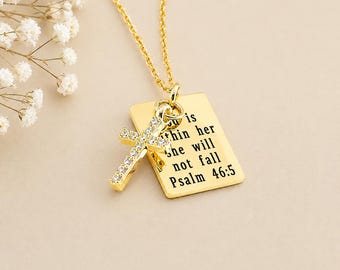 Personalized Gold Cross Charm Necklace, Bible Verse Necklace for Women, Religious Scripture Necklace, Gift for Her, Christmas Gift