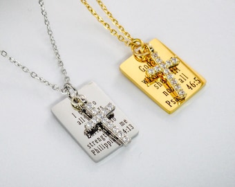Personalized Silver Cross Charm Necklace, Bible Verse Necklace for Women, Catholic Scripture Necklace, Gift for Her, Christian Jewelry