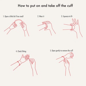 May include: A five-step instructional graphic titled How to put on and take off the cuff, featuring red line drawings on a light background. The steps illustrate opening, wearing, squeezing to fit, checking the fit, and opening to remove the cuff.