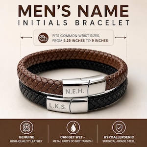 May include: Two braided leather bracelets, one brown and one black, featuring silver-toned metal clasps engraved with the initials N.E.H. and L.K.S. The text states the bracelets fit wrist sizes from 5.25 inches to 9 inches, are genuine leather, and hypoallergenic.