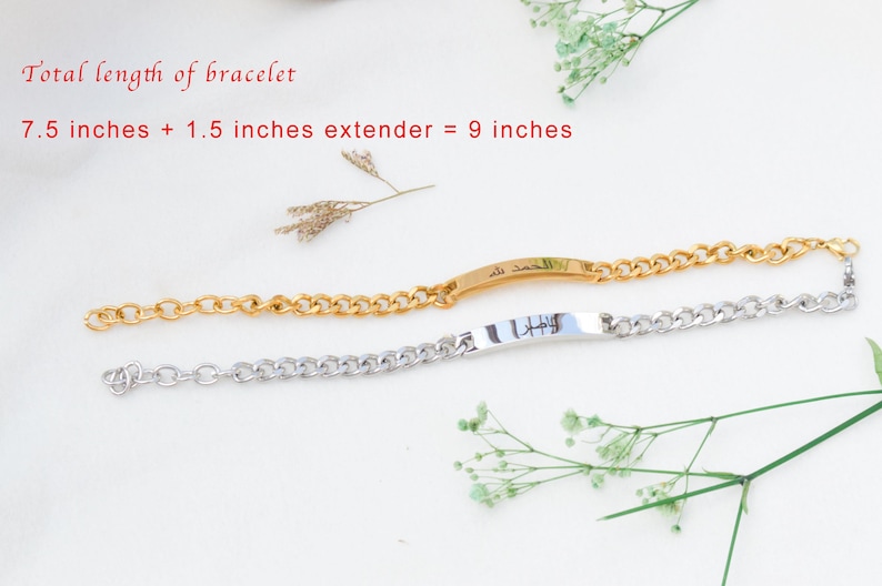 May include: Two chain bracelets, one gold-toned and one silver-toned, each featuring a central flat metal bar with Arabic calligraphy. The text on the image states: Total length of bracelet 7.5 inches + 1.5 inches extender = 9 inches.