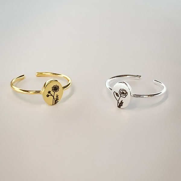 Anillo de flor de nacimiento personalizado de plata de ley sólida, anillo de oro minimalista de 18K, anillo delicado, regalo del Día de las Madres, anillo de sello, regalos del Día de las Madres