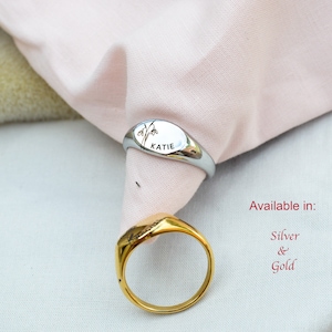 Personalised Birth Flower Ring,Custom Signet Ring, Statement Ring, Silver Ring, Birthday Gift, Gift for Mom,Rings for Women,Engraved Jewelry