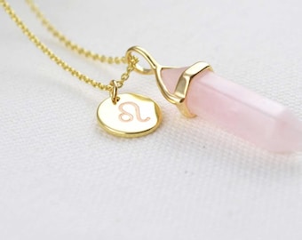 Rose Quartz Zodiac Necklace, Crystal Necklace, Healing Jewellery, Delicate Necklace, Necklaces for Women, Gemstone Jewelry,Gift Idea for Her
