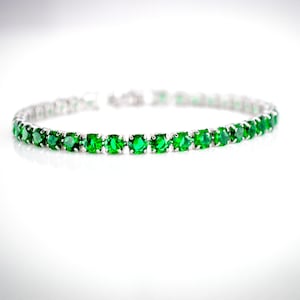 Bracelet Tennis Argent 925 - Émeraude & Topaze Blanche 4mm - Longueur 7,25 Pouces - Neuf Sans Emballage