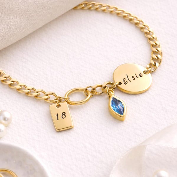 18k Gold Plated Birthday Bracelet, Engraved Custom Name Bracelet, Personalized Name Jewelry, Birthday Gifts for Her, Bracelets for Women