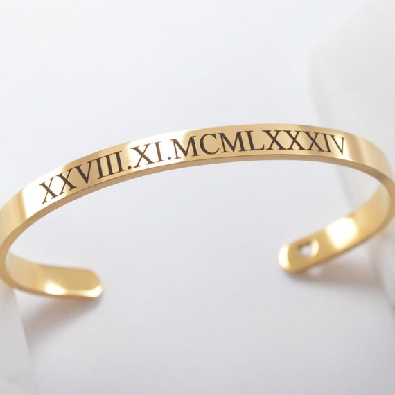 Custom Roman Numerals Cuff Bracelet, Personalized Date Jewelry, Unique Gift for Him or Her
