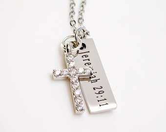 Personalized Silveer Slim Pendant Cross Charm Necklace, Bible Verse Necklace for Women or Men, Religious Scripture Necklace, Gift for Her