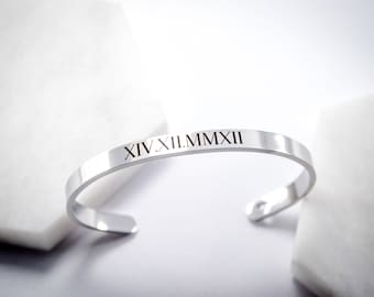 Roman Numeral Cuff Bracelet • Silver Jewelry • Engraved Silver bracelet • Bridesmaid Gifts • Gift for her • Bracelets for Women