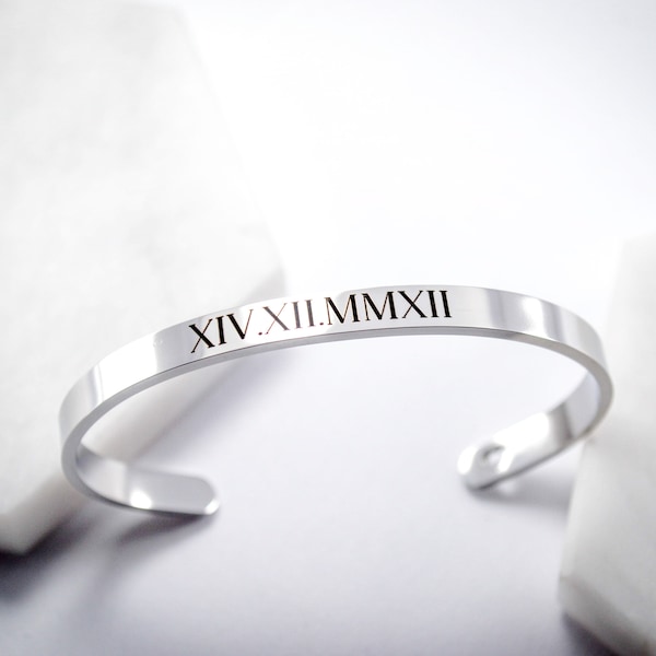 Roman Numeral Cuff Bracelet • Silver Jewelry • Engraved Silver bracelet • Bridesmaid Gifts • Gift for her • Bracelets for Women