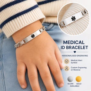 Könnte beinhalten: Ein silberfarbenes medizinisches ID-Armband mit einer flachen rechteckigen Platte und dem schwarzen Star of Life-Symbol. Das Armband hat ein Panzerkettendesign. Der Text auf dem Bild lautet MEDICAL ID BRACELET, PERSONALISED ENGRAVING, Medical Alert Symbol, Custom Engraving on Reverse sowie SILVER GOLD AVAILABLE.