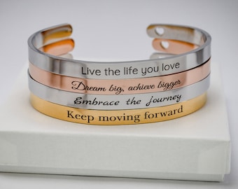 Motivational Quote Cuff Bracelet,  Metal colour writing, Encouraging quote, Mothers Day Gifts, Christmas Gifts, personalized gifts for her