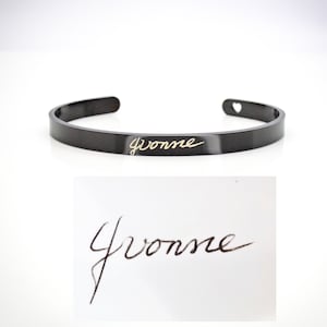 Custom Engraved Cuff - With your Actual Handwriting • Presonalized Black Cuff Bracelet • Adjustable bracelet for men and women