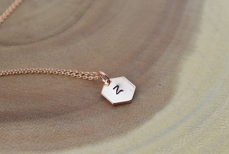 bridesmaids gift ideas dainty necklace name initial rose gold jewellery women rose gold jewelry Hexagon personalised rose gold necklace