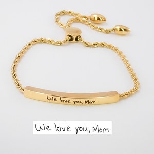 Pulseira de corrente deslizante de caligrafia, joias memoriais, caligrafia infantil, presentes personalizados para ela, pulseiras de ouro, joias exclusivas