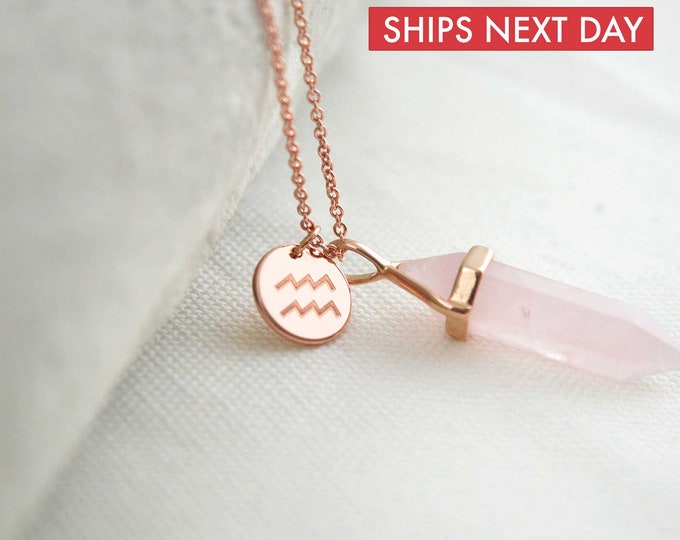 Rose Quartz Zodiac Necklace, Crystal Necklace, Healing Jewellery, Delicate Necklace, Necklaces for Women, Gemstone Jewelry,Gift Idea for Her