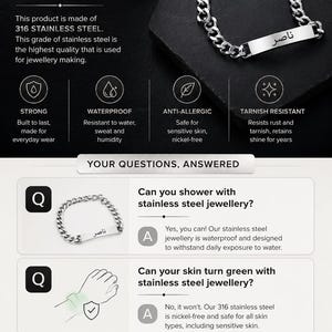 May include: A silver-toned stainless steel chain bracelet featuring a rectangular identification plate engraved with Arabic script. The infographic displays product details, including 316 stainless steel composition, waterproof properties, and anti-allergic features.