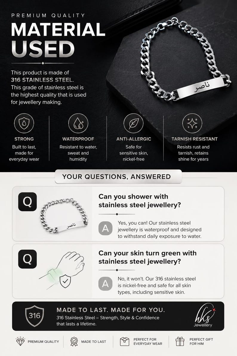 May include: A silver-toned stainless steel chain bracelet featuring a rectangular identification plate engraved with Arabic script. The infographic displays product details, including 316 stainless steel composition, waterproof properties, and anti-allergic features.