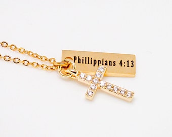 Personalized 14k Slim Pendant Cross Charm Necklace, Bible Verse Necklace for Women or Men, Religious Scripture Necklace, Gift for Her